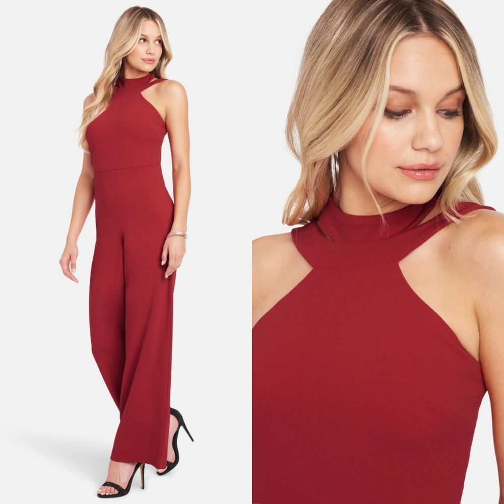 Bebe Wide Leg Halter Jumpsuit Red Holiday Dress for Women 2022